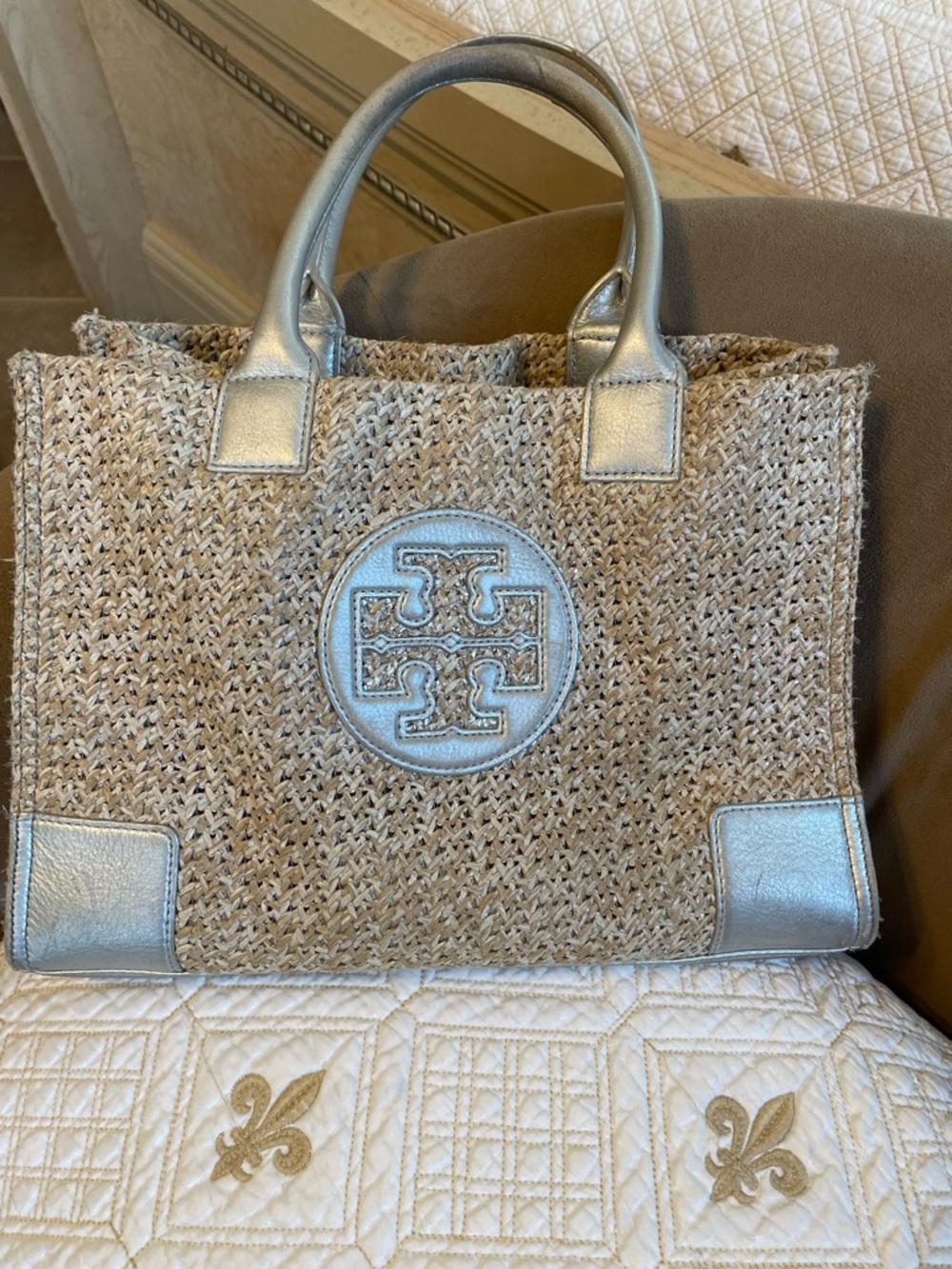 Tory Burch Straw Tote with Metallic silverTrim - Picture 5 of 9